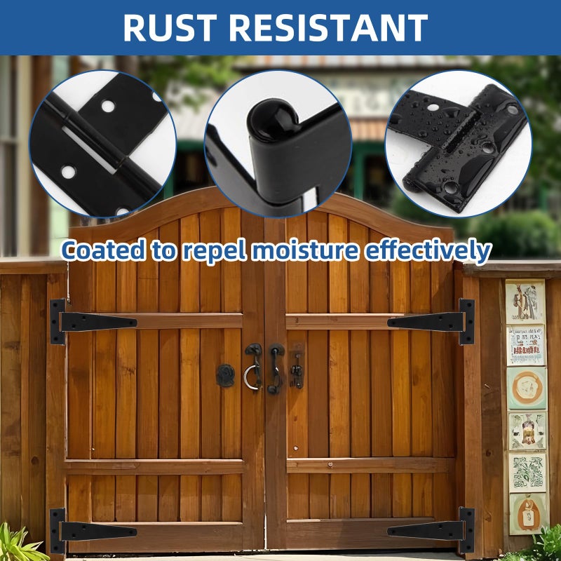 TamBee T-Strap Hinges Light Duty Barn Door Hinges Shed Door Hinges Rustic Hinges Gate Strap Hinge Door Barn Gates Hinges Black Wrought Hardware Iron Rustproof 6PCS (4inch) - Image 5